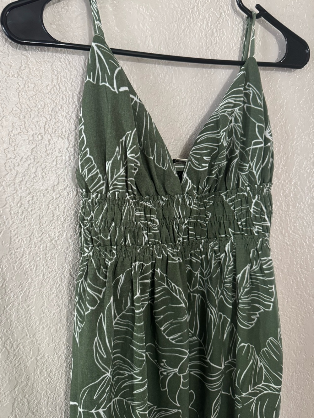 Green Leaf Print Smocked Waist Maxi Dress